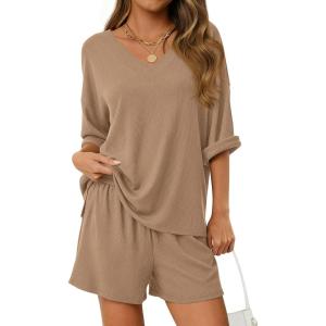 imagePRETTYGARDEN Womens 2 Piece Sets 2026 Oversized Vneck Half Sleeve Tops Shorts Lounge Set Casual Summer Travel Beach OutfitsKhaki