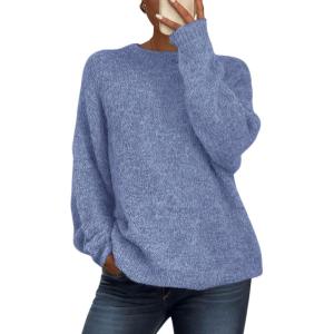 imagePRETTYGARDEN Womens Fall Long Sleeve Sweater Crew Neck Fuzzy Loose Fit Chunky Knit Oversized Pullover Sweaters Going Out TopsMist Blue