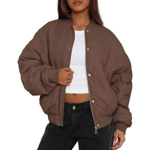 imagePRETTYGARDEN Womens Quilted Bomber Jacket Fall Fashion 2025 Lightweight Cropped Zip up Outerwear Winter Puffer Coats PocketsBrown