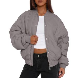 imagePRETTYGARDEN Womens Quilted Bomber Jacket Fall Fashion 2025 Lightweight Cropped Zip up Outerwear Winter Puffer Coats PocketsGrey