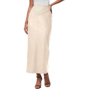 imagePRETTYGARDEN Long Skirts for Women 2026 Fall Fashion Clothing Faux Leather High Waist Dressy Casual Slit Pencil Maxi SkirtBeige