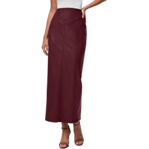 imagePRETTYGARDEN Long Skirts for Women 2026 Fall Fashion Clothing Faux Leather High Waist Dressy Casual Slit Pencil Maxi SkirtBurgundy