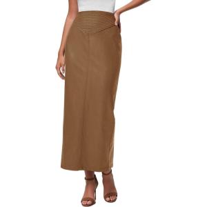 imagePRETTYGARDEN Long Skirts for Women 2026 Fall Fashion Clothing Faux Leather High Waist Dressy Casual Slit Pencil Maxi SkirtCamel