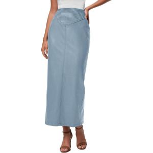 imagePRETTYGARDEN Long Skirts for Women 2026 Fall Fashion Clothing Faux Leather High Waist Dressy Casual Slit Pencil Maxi SkirtDusty Blue