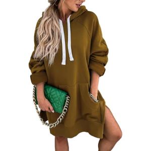 imagePRETTYGARDEN Sweatshirt for Women 2026 Fall Oversized Pullover Long Sleeve Casual Hoodie Dress Kangaroo Pocket Winter ClothesDark Khaki