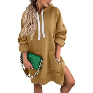 imagePRETTYGARDEN Sweatshirt for Women 2026 Fall Oversized Pullover Long Sleeve Casual Hoodie Dress Kangaroo Pocket Winter ClothesLight Khaki