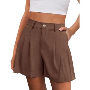 imagePRETTYGARDEN Womens Shorts Casual 2026 Summer Elastic High Waist Zipper Button Tailored Shorts Pleated Beach Vacation OutfitsDark Brown
