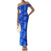 imagePRETTYGARDEN Cocktail Dresses for Women 2026 Summer Floral Off Shoulder Ruched Mesh Elegant Wedding Guest Maxi DressBright Blue