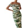 imagePRETTYGARDEN Cocktail Dresses for Women 2026 Summer Floral Off Shoulder Ruched Mesh Elegant Wedding Guest Maxi DressDark Army Green Floral