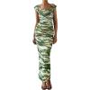 imagePRETTYGARDEN Cocktail Dresses for Women 2026 Summer Floral Off Shoulder Ruched Mesh Elegant Wedding Guest Maxi DressDark Army Green Floral