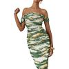 imagePRETTYGARDEN Cocktail Dresses for Women 2026 Summer Floral Off Shoulder Ruched Mesh Elegant Wedding Guest Maxi DressDark Army Green Floral
