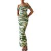imagePRETTYGARDEN Cocktail Dresses for Women 2026 Summer Floral Off Shoulder Ruched Mesh Elegant Wedding Guest Maxi DressDark Army Green Floral