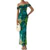 imagePRETTYGARDEN Cocktail Dresses for Women 2026 Summer Floral Off Shoulder Ruched Mesh Elegant Wedding Guest Maxi DressGreen Big Floral