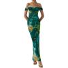 imagePRETTYGARDEN Cocktail Dresses for Women 2026 Summer Floral Off Shoulder Ruched Mesh Elegant Wedding Guest Maxi DressGreen Big Floral