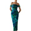 imagePRETTYGARDEN Cocktail Dresses for Women 2026 Summer Floral Off Shoulder Ruched Mesh Elegant Wedding Guest Maxi DressGreen Floral