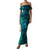 imagePRETTYGARDEN Cocktail Dresses for Women 2026 Summer Floral Off Shoulder Ruched Mesh Elegant Wedding Guest Maxi DressGreen Floral