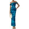 imagePRETTYGARDEN Cocktail Dresses for Women 2026 Summer Floral Off Shoulder Ruched Mesh Elegant Wedding Guest Maxi DressLake Blue Floral
