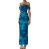 imagePRETTYGARDEN Cocktail Dresses for Women 2026 Summer Floral Off Shoulder Ruched Mesh Elegant Wedding Guest Maxi DressLake Blue Floral