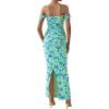 imagePRETTYGARDEN Cocktail Dresses for Women 2026 Summer Floral Off Shoulder Ruched Mesh Elegant Wedding Guest Maxi DressLight Green Daisy
