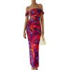 imagePRETTYGARDEN Cocktail Dresses for Women 2026 Summer Floral Off Shoulder Ruched Mesh Elegant Wedding Guest Maxi DressNavy Red Floral