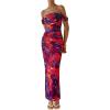imagePRETTYGARDEN Cocktail Dresses for Women 2026 Summer Floral Off Shoulder Ruched Mesh Elegant Wedding Guest Maxi DressNavy Red Floral