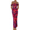 imagePRETTYGARDEN Cocktail Dresses for Women 2026 Summer Floral Off Shoulder Ruched Mesh Elegant Wedding Guest Maxi DressNavy Red Floral