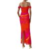 imagePRETTYGARDEN Cocktail Dresses for Women 2026 Summer Floral Off Shoulder Ruched Mesh Elegant Wedding Guest Maxi DressOrange Red Big Floral