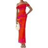 imagePRETTYGARDEN Cocktail Dresses for Women 2026 Summer Floral Off Shoulder Ruched Mesh Elegant Wedding Guest Maxi DressOrange Red Big Floral