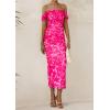 imagePRETTYGARDEN Cocktail Dresses for Women 2026 Summer Floral Off Shoulder Ruched Mesh Elegant Wedding Guest Maxi DressRose Red Floral