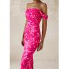 imagePRETTYGARDEN Cocktail Dresses for Women 2026 Summer Floral Off Shoulder Ruched Mesh Elegant Wedding Guest Maxi DressRose Red Floral
