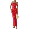 imagePRETTYGARDEN Cocktail Dresses for Women 2026 Summer Floral Off Shoulder Ruched Mesh Elegant Wedding Guest Maxi DressRust Red Floral