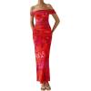 imagePRETTYGARDEN Cocktail Dresses for Women 2026 Summer Floral Off Shoulder Ruched Mesh Elegant Wedding Guest Maxi DressRust Red Floral