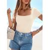 imagePRETTYGARDEN Short Sleeve Shirts for Women 2026 Summer Trendy Scoop Neck Ribbed Tops Spring Casual Slim Fitted Basic TeesBeige