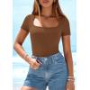 imagePRETTYGARDEN Short Sleeve Shirts for Women 2026 Summer Trendy Scoop Neck Ribbed Tops Spring Casual Slim Fitted Basic TeesKhaki