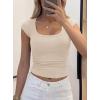 imagePRETTYGARDEN Womens Cap Sleeve T Shirts 2026 Square Neck Basic Tees Slim Fit Ribbed Knit Spring Going Out Tops Summer ClothesBeige