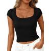 imagePRETTYGARDEN Womens Cap Sleeve T Shirts 2026 Square Neck Basic Tees Slim Fit Ribbed Knit Spring Going Out Tops Summer ClothesBlack