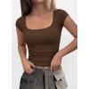 imagePRETTYGARDEN Womens Cap Sleeve T Shirts 2026 Square Neck Basic Tees Slim Fit Ribbed Knit Spring Going Out Tops Summer ClothesBrown
