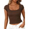 imagePRETTYGARDEN Womens Cap Sleeve T Shirts 2026 Square Neck Basic Tees Slim Fit Ribbed Knit Spring Going Out Tops Summer ClothesBrown
