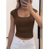 imagePRETTYGARDEN Womens Cap Sleeve T Shirts 2026 Square Neck Basic Tees Slim Fit Ribbed Knit Spring Going Out Tops Summer ClothesBrown