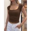 imagePRETTYGARDEN Womens Cap Sleeve T Shirts 2026 Square Neck Basic Tees Slim Fit Ribbed Knit Spring Going Out Tops Summer ClothesBrown