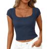 imagePRETTYGARDEN Womens Cap Sleeve T Shirts 2026 Square Neck Basic Tees Slim Fit Ribbed Knit Spring Going Out Tops Summer ClothesDark Blue