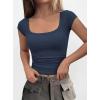 imagePRETTYGARDEN Womens Cap Sleeve T Shirts 2026 Square Neck Basic Tees Slim Fit Ribbed Knit Spring Going Out Tops Summer ClothesDark Blue