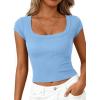 imagePRETTYGARDEN Womens Cap Sleeve T Shirts 2026 Square Neck Basic Tees Slim Fit Ribbed Knit Spring Going Out Tops Summer ClothesLight Blue