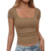 imagePRETTYGARDEN Womens Cap Sleeve T Shirts 2026 Square Neck Basic Tees Slim Fit Ribbed Knit Spring Going Out Tops Summer ClothesLight Khaki