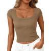 imagePRETTYGARDEN Womens Cap Sleeve T Shirts 2026 Square Neck Basic Tees Slim Fit Ribbed Knit Spring Going Out Tops Summer ClothesLight Khaki