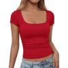 imagePRETTYGARDEN Womens Cap Sleeve T Shirts 2026 Square Neck Basic Tees Slim Fit Ribbed Knit Spring Going Out Tops Summer ClothesRed