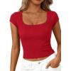 imagePRETTYGARDEN Womens Cap Sleeve T Shirts 2026 Square Neck Basic Tees Slim Fit Ribbed Knit Spring Going Out Tops Summer ClothesRed