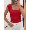 imagePRETTYGARDEN Womens Cap Sleeve T Shirts 2026 Square Neck Basic Tees Slim Fit Ribbed Knit Spring Going Out Tops Summer ClothesRed