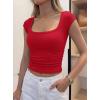 imagePRETTYGARDEN Womens Cap Sleeve T Shirts 2026 Square Neck Basic Tees Slim Fit Ribbed Knit Spring Going Out Tops Summer ClothesRed