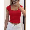 imagePRETTYGARDEN Womens Cap Sleeve T Shirts 2026 Square Neck Basic Tees Slim Fit Ribbed Knit Spring Going Out Tops Summer ClothesRed
